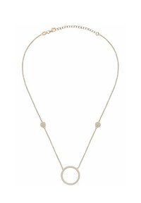 Collana in tono dorato con pendente rotondo e due accenti circolari, con una delicate catena e chiusura a gancio.