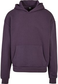 Sweatshirt à capuche violet en tissu doux, doté d'une poche frontale, de poignets côtelés et d'une coupe décontractée. Texture lisse et design sans couture.