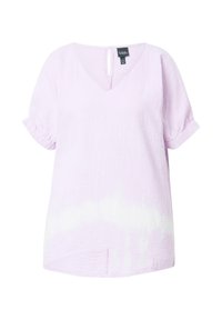 Blusa viola chiaro a V con maniche corte ripiegate, tessuto texturizzato e effetto sfumato tie-dye nella parte inferiore. Dettaglio a chiave sul retro.