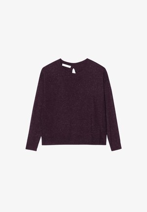 Pull-over long à manches longues de couleur violette en tricot texturé, avec un ourlet arrondi et un petit détail en forme de trou de serrure dans le dos. Motif nuancé en flecks sur l'ensemble.