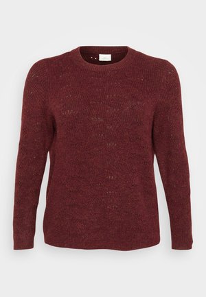Burgunderfarbener Strickpullover mit langen Ärmeln, Rundhalsausschnitt und offenem Gewebe, das dezente Musterdetails aufweist.