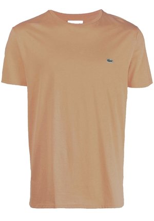 T-shirt z krótkim rękawem wykonany z jasnopomarańczowej bawełny, z małym zielonym logo na lewej piersi. Klasyczny okrągły dekolt i luźny krój.