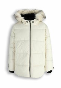 Biała pikowana zimowa kurtka z czarnym zamkiem, czarnymi wewnętrznymi mankietami oraz kapturem wykończonym białym i szarym futrem syntetycznym.