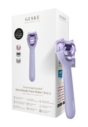 Rouleau visage à micro-aiguilles lavande avec couverture protectrice, présenté à côté d’un emballage blanc mettant en avant neuf technologies de soins de la peau et trois têtes d’attachement.