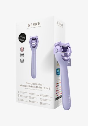 Rouleau visage à micro-aiguilles lavande avec couverture protectrice, présenté à côté d’un emballage blanc mettant en avant neuf technologies de soins de la peau et trois têtes d’attachement.