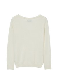 Maglione a maniche lunghe di colore bianco sporco, con girocollo, schiena liscia e polsini e orlo a costine, adagiato su uno sfondo bianco.