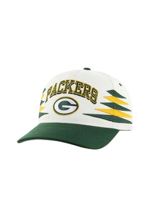 White baseball cap with green visor, "PACKERS" embroidered in yellow, featuring a green logo in the center and yellow accent stripes.