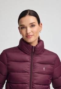 Burgunderfärgad puffjacka med hög krage, horisontell sömnad och en liten logotypdetalj. Slät textur och lättviktsdesign.