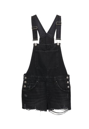 Black denim overalls featuring adjustable straps, five pockets, silver hardware, distressed hem, and a front bib design.