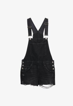 Pettorine nera in denim con bretelle regolabili, cinque tasche, accessori in argento, orlo strappato e design con bavaglino anteriore.