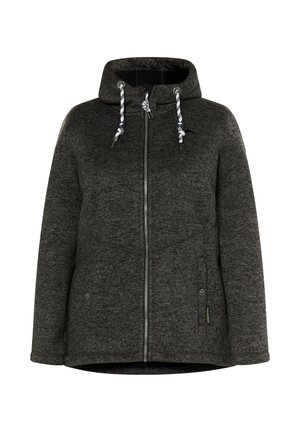 Donkergrijze hoodie met een ritssluiting aan de voorkant, een trekkoordcapuchon en twee zijzakken. Zacht, gestructureerd materiaal met een licht losse pasvorm.