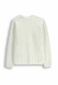 Sweter z dzianiny warkoczowej w kolorze kremowym; posiada teksturowany wzór z przeplatanymi motywami; dekolt w serek oraz ściągacze przy mankietach i u dołu.