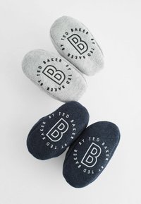 Harmaat ja laivastonsiniset kangastossut, pyöreällä kärjellä, jossa on valkoinen "Ted Baker" -logo. Pehmeä rakenne, jossa tunnusomaiset kirjaimet ovat selkeästi näkyvissä.
