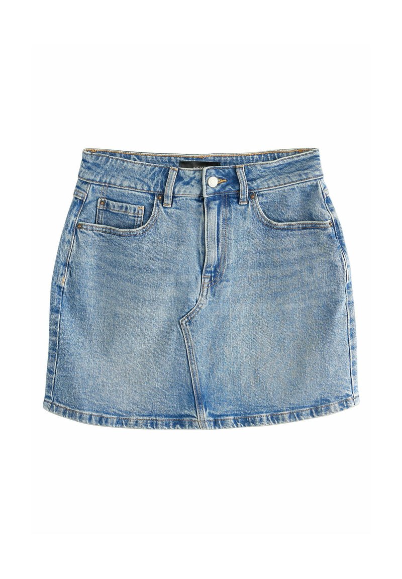 Ljusblå denimkjol med en åtsittande midja, frampocket och raka fållar. Har en klassisk design med fem fickor och framknäppning.