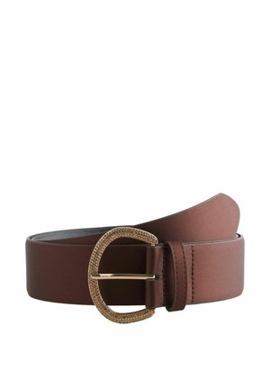 Brown faux leather belt with a gold, textured round buckle and single loop. Features smooth finish and stitched edges.