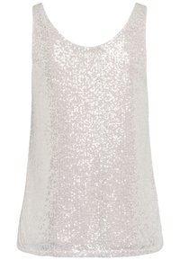 Haut sans manches en argent clair, décoré de sequins. Il présente un col rond et une coupe décontractée, avec une surface lisse et texturée.