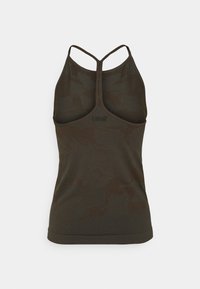 Dark green activewear tank top with a racerback design and subtle tonal texture, featuring a small logo at the center back.