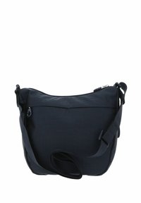 Borsa a tracolla nera in tessuto strutturato con motivo a strisce diagonali, dotata di tracolla regolabile e scomparto principale con cerniera.