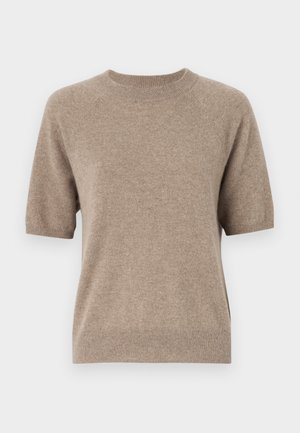 Pull à manches courtes en beige clair, fabriqué à partir d'un tissu doux et texturé. Doté d'un col rond et de poignets et d'un ourlet côtelés. Design décontracté.