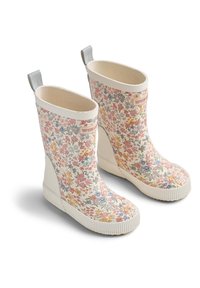 Par črnih gumijastih škornjev v krem barvi z rožnatim, modrim in rumenim cvetličnim vzorcem, rebrastimi belimi podplati in zankami za poteg na zadnji strani.