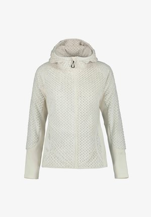 Chaqueta color crema con un patrón geométrico texturizado y en relieve. Presenta un cierre frontal con cremallera y capucha fija con ribete elástico y mangas largas.