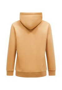 Pullover hoodie i lysebrunt stof med en glat tekstur, kengurulomme og ribbede manchetter og nederkant. Har en hætte med snor.