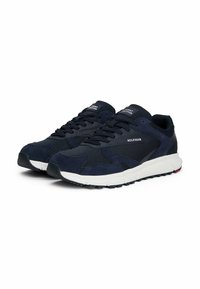 Zapatillas azul marino que combinan materiales de ante y malla, con una mediasuela blanca y una suela de goma negra con detalles texturizados.