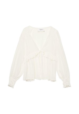 Weiße Bluse mit langen Ärmeln, tiefem V-Ausschnitt, vorderem Knoten, Rüschensaum unterhalb der Brust und gerafften Manschetten an den Ärmeln.