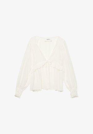 Biała bluzka z długim rękawem, z głębokim dekoltem w kształcie litery V, wiązana z przodu, z falbanką pod biustem i marszczonymi mankietami na rękawach.