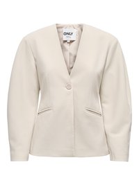 Beiger Blazer mit V-Ausschnitt, Ein-Knopf-Verschluss und zwei Seitentaschen. Glatter Stoff, strukturierte Schultern und taillierte Silhouette.