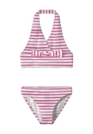 Bikini deux pièces à rayures horizontales roses et blanches, haut dos nu avec un nœud décoratif, et bas assortis taille basse.