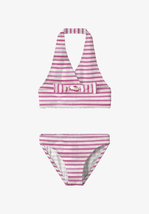 Twee-delige bikini met roze en witte horizontale strepen, een haltertop met een decoratieve strik en bijpassende low-rise broekjes.