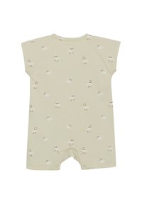 Lichtbeige katoenen romper met korte mouwen, voorzien van een patroon van kleine, cartoonachtige eenden. Drukknopen aan de onderkant voor gemakkelijk aan- en uittrekken.