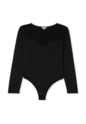 Czarny bodysuit z długim rękawem, okrągłym dekoltem, siateczkowymi detalami na ramionach oraz zapięciem na zatrzask na dole. Miękka faktura materiału.