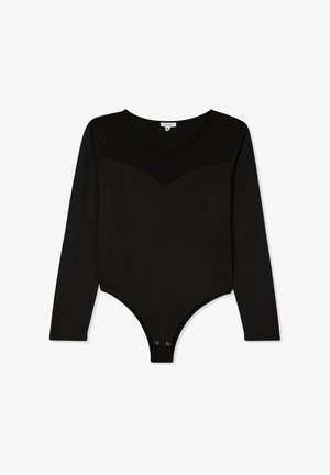 Czarny bodysuit z długim rękawem, okrągłym dekoltem, siateczkowymi detalami na ramionach oraz zapięciem na zatrzask na dole. Miękka faktura materiału.