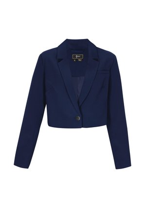 Mørkeblå cropped blazer med lange ærmer, enkelt knaplukning, notched revers og en lille brystlomme på venstre side.