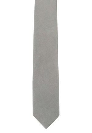 Graue Krawatte aus Seide mit glatter Textur, vertikalen Streifen, spitzem Ende und schlankem Design, geeignet für formelle Anlässe.