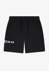 Schwarze athletische Shorts mit elastischem Bund, die auf der linken Seite ein weißes Logo und einen glatten, leichten Stoff aufweisen.