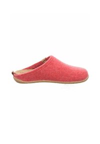 Scarpa slip-on rossa in feltro con punta arrotondata, tomaia morbida e testurizzata, e suola in gomma beige. Presenta una piccola linguetta sul tallone per facilitarne l'indossamento.
