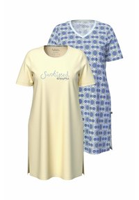 Dos camisones de manga corta, uno amarillo pálido con el texto "Sunkissed dreams", y otro blanco con un patrón circular azul y cuello en V.