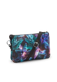Borsa a tracolla floreale realizzata in tessuto resistente, con uno sfondo nero e fiori colorati, chiusura con zip e una tracolla marrone.