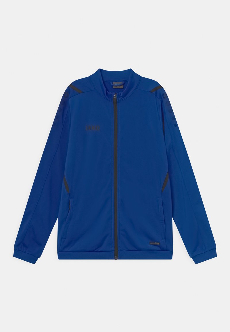 Blaue Sportjacke mit Reißverschluss vorne, Stehkragen und schwarzen Akzenten auf den Schultern. Verfügt über Taschen und strukturierte Details an den Ärmeln.