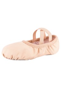 Helle rosa Ballettschuhe aus strukturiertem Stoff, mit einer weichen Sohle und zwei elastischen Riemen für einen sicheren Sitz. Abgerundete Zehenform.