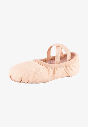 Light pink ballet slipper made of textured fabric, featuring a soft sole and two elastic straps for secure fit. Rounded toe design.