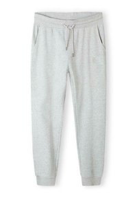 Jasnoszare, bawełniane spodnie dresowe z elastycznym pasem, sznurkiem i bocznymi kieszeniami. Posiadają prostokątną naszywkę z logo na lewym udzie.