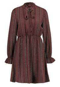 Långärmad klänning i en vinröd tyg med ett vågigt randigt mönster i vitt och beige, med hög halsringning och elastisk midja.