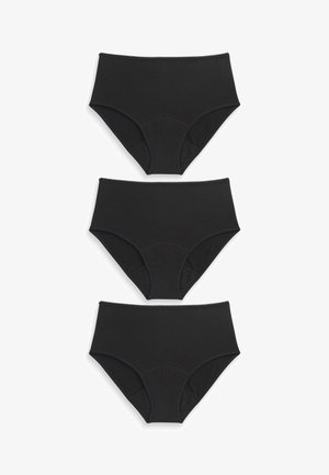 Trīs pāri melnu augstiem apakšbiksēm, kas izgatavotas no mīkstas auduma. Katra apakšbikse ir ar gludu tekstūru un vienkāršu dizainu bez rakstiem.