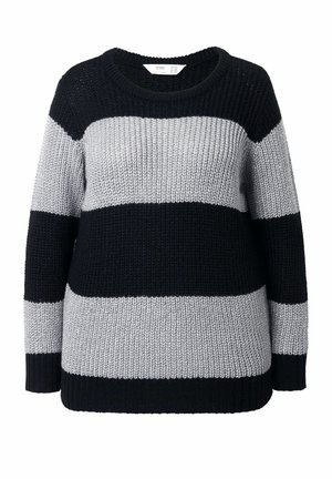 Sweter w czarno-szare paski z okrągłym dekoltem. Tkany materiał, przedstawiający szerokie poziome paski w naprzemiennych kolorach. Długie rękawy.