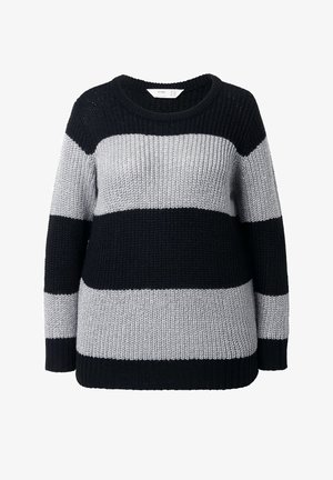 Suéter a rayas negro y gris con cuello redondo. Textura de punto, con amplias rayas horizontales en colores alternos. Mangas largas.