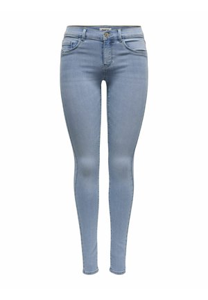 Lichtblauwe skinny jeans van denimstof met een gladde textuur, voorzien van vijf zakken, een knoopsluiting en subtiele stikseldetails.